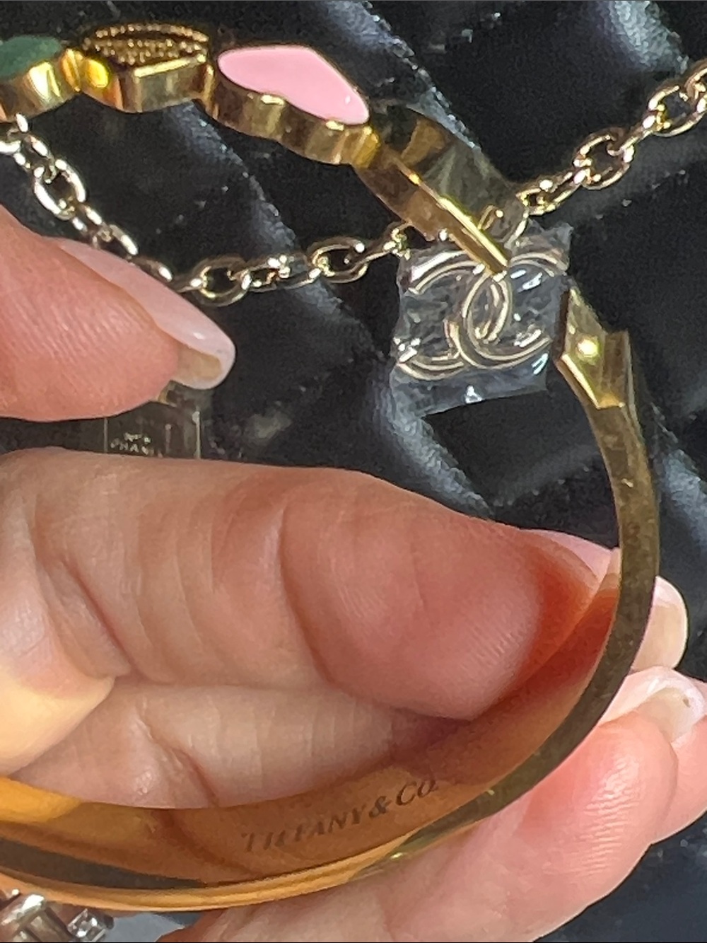 Gold Heart Bracelet with Pink and Turquoise Hearts - Picture 3 of 8